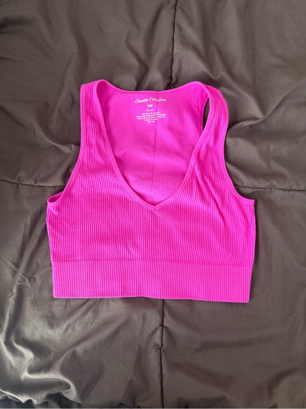 Seamless Ribbed V-Neck Crop Top - Pink